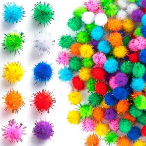 Deozu 200 Pcs Glitter Pom Pom Balls, Assorted Fluffy Craft Pompoms, Multicolor Sparkle Pom Poms, Soft Pompoms for Crafts, Art Decorations (0.59")