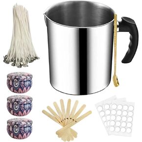Candle Making Pouring Pot 1.3L Wax Pouring Pot Candle Making Pitcher with Heat-Resistant Handle and Dripless Pouring Spout Design with Candle Jars, Wicks, Stickers, Centering Device