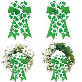 ALIBBON 2Pcs St. Patrick's Day Bows for Wreaths, St Patrick's Wreath Bows, Glitter Green Bows for Crafts, Irish St. Patrick's Day Decor, Green Shamrock Bows for Parades Party Supplies Decorations