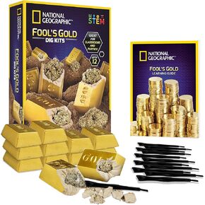 NATIONAL GEOGRAPHIC Fool’s Gold Dig Kit – 12 Gold Bar Dig Bricks with 2-3 Pyrite Specimens Inside, Party Favors with 12 Excavation Tool Sets, Great STEM Toy Stocking Stuffer for Boys & Girls