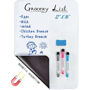 Magnetic Whiteboard for Fridge, 12" X 16" Fridge Whiteboard Magnetic Dry Erase Board A3 Magnetic White Board Organizer and Planner for Kitchen Shopping List with 1 Eraser & 3 Markers