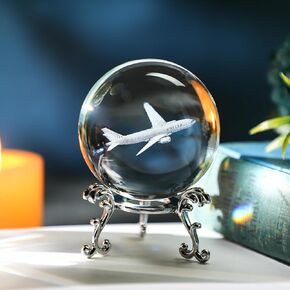 HDCRYSTALGIFTS 60mm 3D Lase Engraved Airplane Crystal Ball with Stand Glass Sphere Plane Paperweight Decor Gift for Men