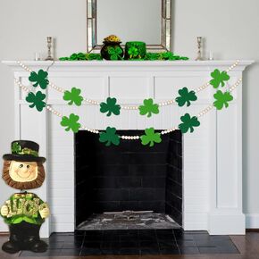 St. Patrick's Day Felt Shamrock Banner Wood Beads Garland - NO DIY - St Patricks Day Decorations,Rustic Farmhouse Felt Shamrock Clover Garland Banner for Home Mantel,St Paddys Day Irish Party supplies