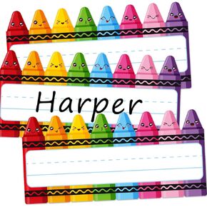 60Pcs Crayons Name Tags Colorful Cartoon Crayon Expression Nameplate Stickers Classroom Bulletin Board Label Decals for Back to School Party Desk Wall Message Board