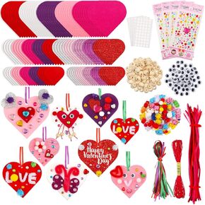 400 Pieces DIY Valentines Heart Craft Set DIY Felt Heart/Owl Craft Supplies Assorted Heart Shapes Felt with Pom Poms Cleaners Googly Eyes for Valentines Party Favor Decoration (Heart)