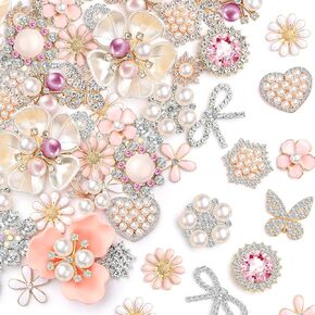 Giegxin 48 Pcs Rhinestone Buttons for Crafts Clothes Faux Pearl Embellishments Buttons Pink Butterfly Rhinestone Flower Buttons Women Vintage Pearl Brooch for Jewelry Making, DIY, Bags Shoes Supplies