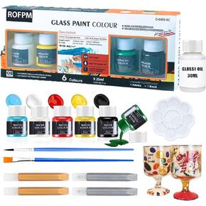 Stained Glass Paint for Glass Painting, Wine Glasses, Light Bulbs and Ceramic Stain Glass Paint Kit With Glossy Oil (6 Colors x 0.84 fl.oz)