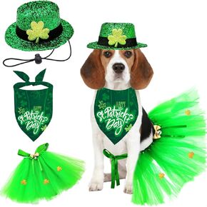 St Patrick's Day Dog Costume 3Pack Pet Clothe Leprechaun Top Hat Reversible Dog Bandana Dress for Meidum Dogs Cat Irish Festive Outfit Accessories (Shamrock Dog Hat Dress Bowtie Set, Green)