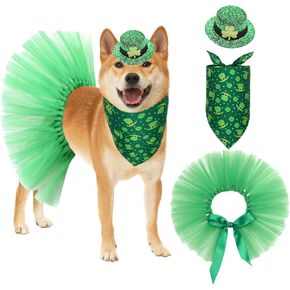 Dog St Patricks Day Outfit, St. Patrick's Day Dog Bandana Costume Clothes Accessories with Green Shamrock Hat Headband Ribbons Tutu Skirts Buffalo Plaid for Pets Dogs (Style B)