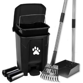 Dog Pooper Scooper, Dog Poop Trash Can Outside with Long Handle Poop Scooper Set and 40 Waste Bags, Dog Waste Trash Can with Removable Inner Bin for Large Dogs Yard Garden