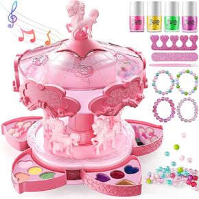 Geyiie Nail Polish Toys Makeup Set with Jewelry Making Kits, DIY Bead Bracelet Making Kit, Girls’ Vanity Set in Carousel, Nail Art Kits Gifts for Girls Teens Age 5-12