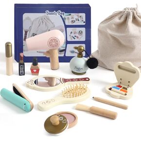 طقم مكياج Oessuf Kids for Girl ، لعبة المكياج الخشبية المصممة للأطفال الصغار ، تظاهر ألعاب Salon Wood Beauty Salon للأطفال الأميرة ، لعبة عيد ميلاد عيد الميلاد لـ 3 4 5 6 7 8 9 9 10 سنوات