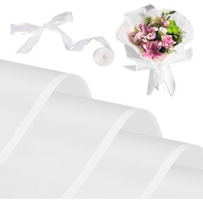Hazyore 20 Sheets Waterproof Flower Wrapping Paper, 22.8x22.8 Inch White Floral Wrapping paper, 32.8 ft Satin Ribbon Flower Shop Bouquet Supplies