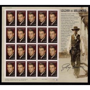 Gary Cooper: Legends of Hollywood, Full Sheet of 20 x 44-Cent Postage Stamps, USA 2009, Scott 4421