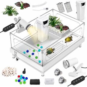 Small Turtle Tank Kit(Tank+Lamp+Filter), Acrylic Turtle Tank Starter Kit, Turtle Aquarium Turtle Habitat with Multi-Functional Areas for Small Reptiles.(White Kit)