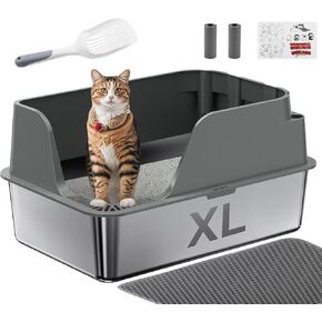 Stainless Steel Litter Box with Lid, XL Extra Large Metal Litter Box for Big Cats, with High Sided, Anti Leakage,Odor-Free & Easy Cleaning,Included Scoop &Trash Bag*2 & Mat & Sticker, White