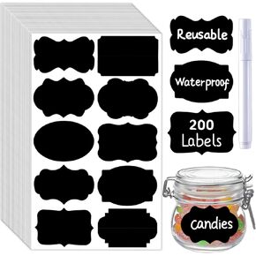 200 Pcs Chalkboard Labels,Reusable Labels with 1 Liquid Chalk Markers Removable Labels,Suitable for Mason Jars Storage Boxes Food Containers Storage Jars Kitchen Food Spice Storage(Black)