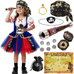 Latocos 14pcs Girls Pirate Costume Dress Kids Pirate Accessories Hat Eye Patch Halloween Dress Up Role Play Gift