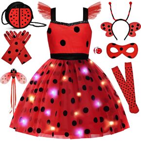 11pcs Girls Lady Bug Dress Costume Light Up Kids Toddler Princess Dress Up Clothes Halloween Gifts