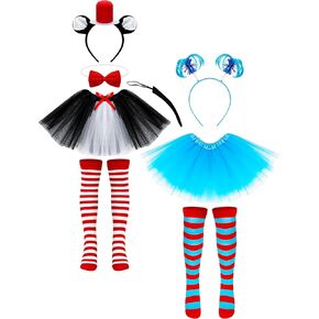 2 Set Girl Cosplay Outfit, Cat Costume Set and Blue Cosplay Tutu Dress Thing Top Hat Ponytail Headband Socks for Girls