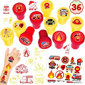 36PCS Fire Truck Party Favors 24 Tattoos Sticker 12 Stamp Set - Ideal Firefighter Themed Birthday Card Decorations Supplies Goodie Bag Cute Rewards for Girls Classroom Gifts Baby Shower Prizes