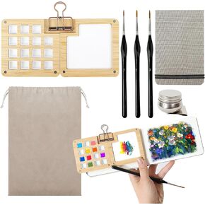 TKNOUS Mini Watercolor Paint Set, Travel Watercolor Portable Pocket Artist Kit with Wooden Palette Book Brushes Binder Clips Drawstring Bag Art Oil Pot for Painters Artists Students