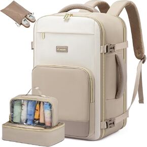 LOVEVOOK Travel Backpack for Women,40L Carry On Backpack Flight Approved,TSA Personal Item Travel Bag Fits 17.3" Laptop with 3 Packing Cubes,Large Waterproof Daypack,Beige and black and brown