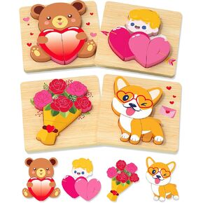 Valentines Wooden Puzzles for Toddlers 1-3 Toys Gifts for 1 2 3 Year Old Boys Girls, Montessori Educational Toys Preschool Learning Activities, 4 Pack Valentines Jigsaw Puzzle Game