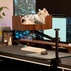 Cat Desk Perch with 360° Rotation,Ratchet Sound,Adjustable Height with Anti-Drop Dual Locks,Space-Saving Cat Bed for Desk up to 28 lb, Easy Clean