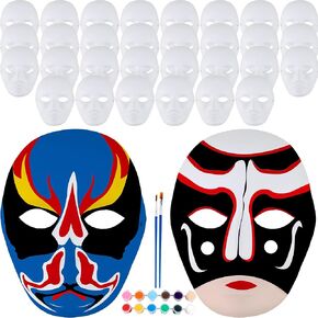 36 Pcs DIY Full Face White Paper Mask Blank White Art Craft Mask Bulk Paintable Paper Mache Masks with 4 Pcs Painting Props for Halloween Mardi Gras Masquerade Cosplay Decor