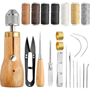 Lainballow 23pcs Sewing Awl Kit,Portable Leather Sewing Awl Kit with 9Straight Bent Needles 7Waxed Threads 1Screwdriver 1Scissors 2Needle Threader 1Tape 1Leather Craft Awl Tool for DIY Leather Craft
