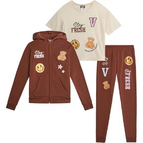 Girls Joggers Set - 3 Piece Zip Up Hoodie, Graphic Tee, and Jogger Pants - Girls' Activewear Fleece Jogset (7-8), Size 10/12, Navy/Pink