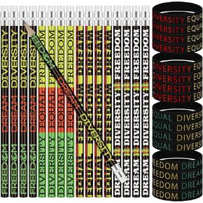 32 Pcs Black History Month Rubber wristbands and Pencils Set, Motivational Silicone Wristbands Inspirational Diversity Pencils with Eraser for Students Classroom Decorations Gifts