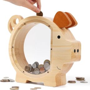 Wooden Piggy Bank for Kids, Cute Coin Bank Creative Saving Bank for Boys and Girls, Large Unbreakable Wood Money Bank, Personalized Wooden Money Gift Box for Child Birthday Christmas Decor
