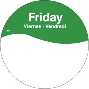 DayMark Safety Systems MoveMark IT110108 Day of The Week Trilingual Removable Label, Friday, 3" Circle, Green, Roll of 500