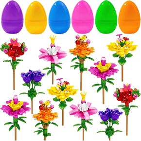 12PCS Easter Flower Building Blocks with Easter Eggs Toys Building Brick Blocks for Party Favor Easter Basket Stuffers Toys Stacking Block Sets for Kids Adults Classroom Prizes Gifts