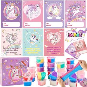 هدايا يوم Funewest Valentines للأطفال ، وحيد القرن الوحل مع البطاقات ، و 28 Pack Diy Valentine Exchange For Girls ، و Favors Form