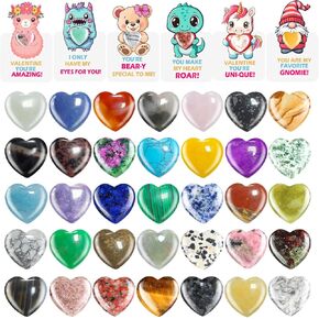 24PCS Valentine's Day Gift Cards with Natural Heart Crystals Rose Quartz Amethyst Heart Love Crystal Stones Set Bulk Polished Pocket Gifts for Women Men Valentines Day Gifts Exchange Prize ,0.8 inch