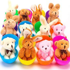 NEWBEA 12 Pack Prefilled Easter Eggs with Stuffed Animals,3.15" Plastic Easter Eggs Filled with Bunny Toys,Perfect for Party Basket Stuffers Fillers