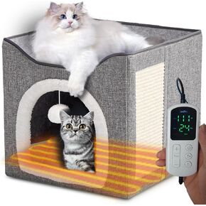 Heated Cat Bed Indoor w/ 12V Electric Heating Pad, Thermal Warming Heated Pet Bed House for Indoor Cats w/Scratching Post, Covered Cat Cave Beds & Furniture Foldable Cat Hideaway, 24x16x15