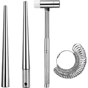 C&T 4 Piece Jewelry Ring Sizer Measuring Tool Set, Ring Sizing Gauge Sizers Set, Including Ring Size Mandrel, Solid Metal Stick, Jewelry Mallet, Metal Ring Gauge Set, Jewelry Making Kit
