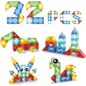 Clear Magnetic Building Blocks Toy Set 16 Different Shapes & 9 Colors Build Vehicles, Animals, Figures, Great Gift for Kids Ages 3 & Up Boys Girls Toddlers STEM (32 Pc)