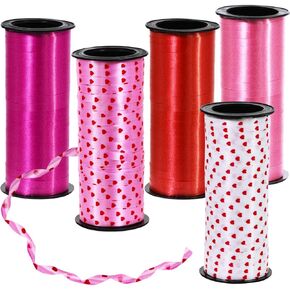 Supla 5 Rolls Red Hearts Printed Curling Ribbon Trim Decorative Party Balloon Ribbons Curling Ribbon Spools Gift Wrapping in Red Fuchsia Pink White 0.2" 5mm Wide for Valentine's Day Crafts
