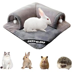 Rabbit Tunnel Bed Plush, Bunny Tunnel Tube with Removable Mat, Hideout Toys for Guinea Pig, Rabbit, Bunny, Chinchilla, Cat, Grey