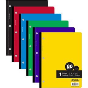 BAZIC Notebook College Ruled 1 Subject 80 Sheets Wireless Notebooks, Lined Composition Book, Assorted Color, 6-Pack
