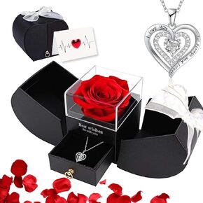 Preserved Red Real Rose Birthstone Necklace with I Love You, Birthday Gifts for Women Her Mom Wife Girlfriend Grandma on Valentines Christmas Mothers Day Anniversary Romantic-July