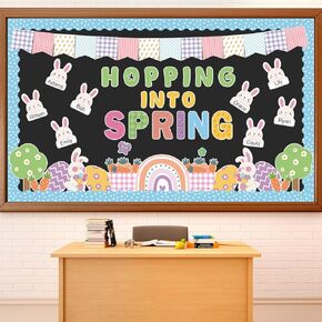 78PCS Spring Easter Classroom Bulletin Board Decorations Spring Bulletin Board Set Easter Bunny and Eggs Cutouts Hopping into Spring Bulletin Board for School Home Wall Door Decors