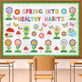 HIQINLUG Spring Health Bulletin Board Decorations Set Spring Classroom Decoration Colorful Flowers Accents Healthy Habits Cutouts For Spring Theme Office Classroom School Home Wall Decor
