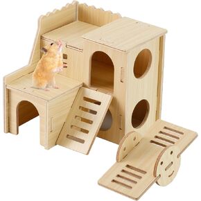 Wooden Hamster Hideout Cage Accessories, Guinea Pig House and Seesaw, Double-Decker Hide Hut with Slide, YITOBA Hamster Chew Toys for Pet Rats, Hamster Platform for Dwarf Gerbils (Two-Story)