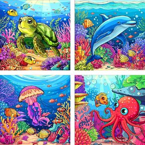 ijbnhd 4 Pack Sea Animals Paint by Numbers for Kids Beginners Easy Turtle Acrylic Watercolor Paint Numbers Canvas Arts for Kids Ages 4-8 for Crafts Home Wall Decor Gift 8x8inch